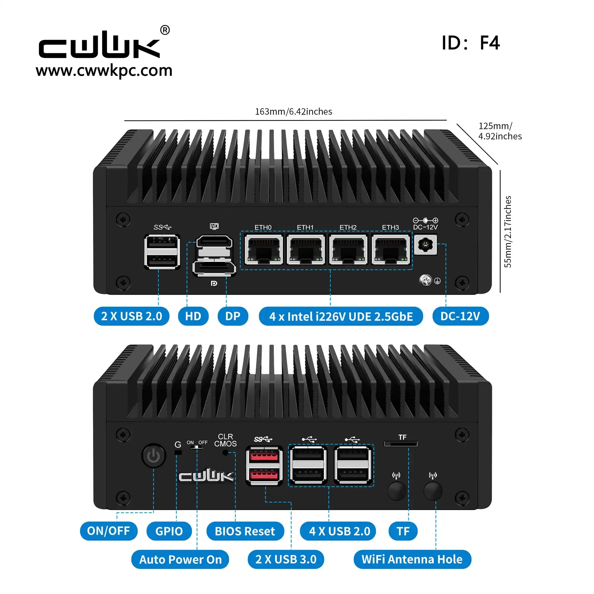 Technical specifications of a CWWK computer case with dimensions and feature labels.