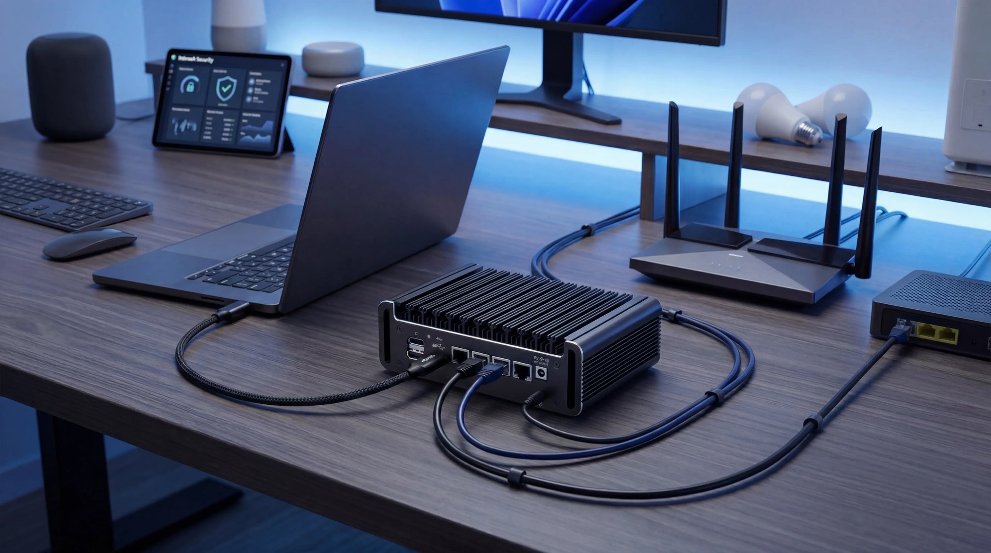Fanless mini firewall PC used for home VPN, routing, and secure network setup