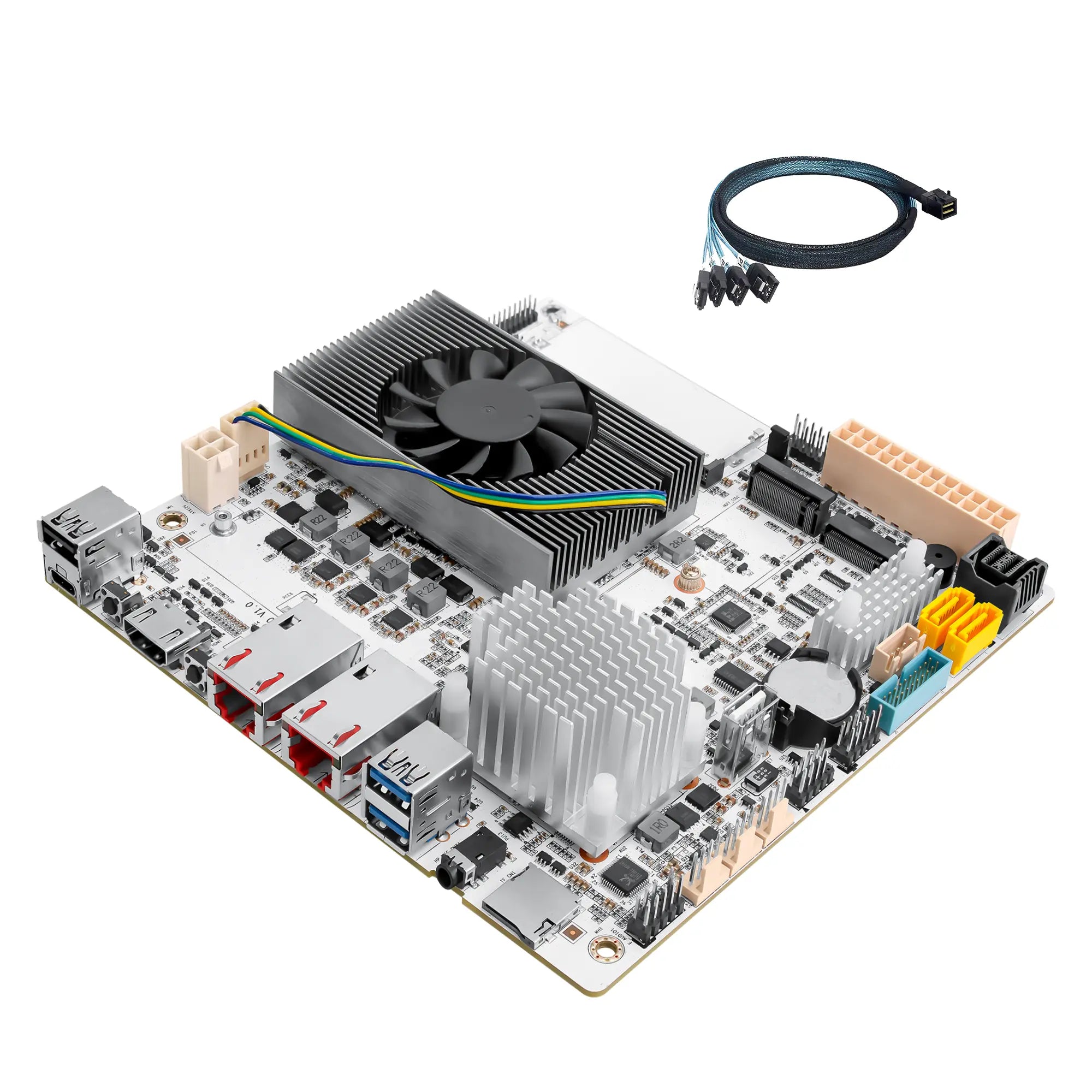 Computer motherboard with cooling components on a white background