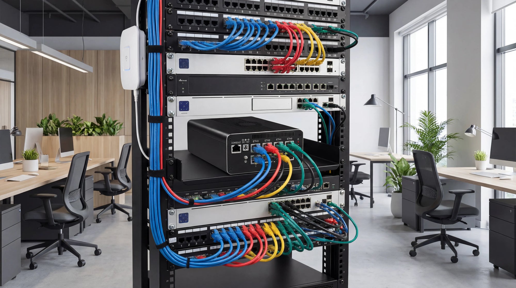 Multi-port firewall mini PC for small office network, VLAN setup, and multi-WAN deployment
