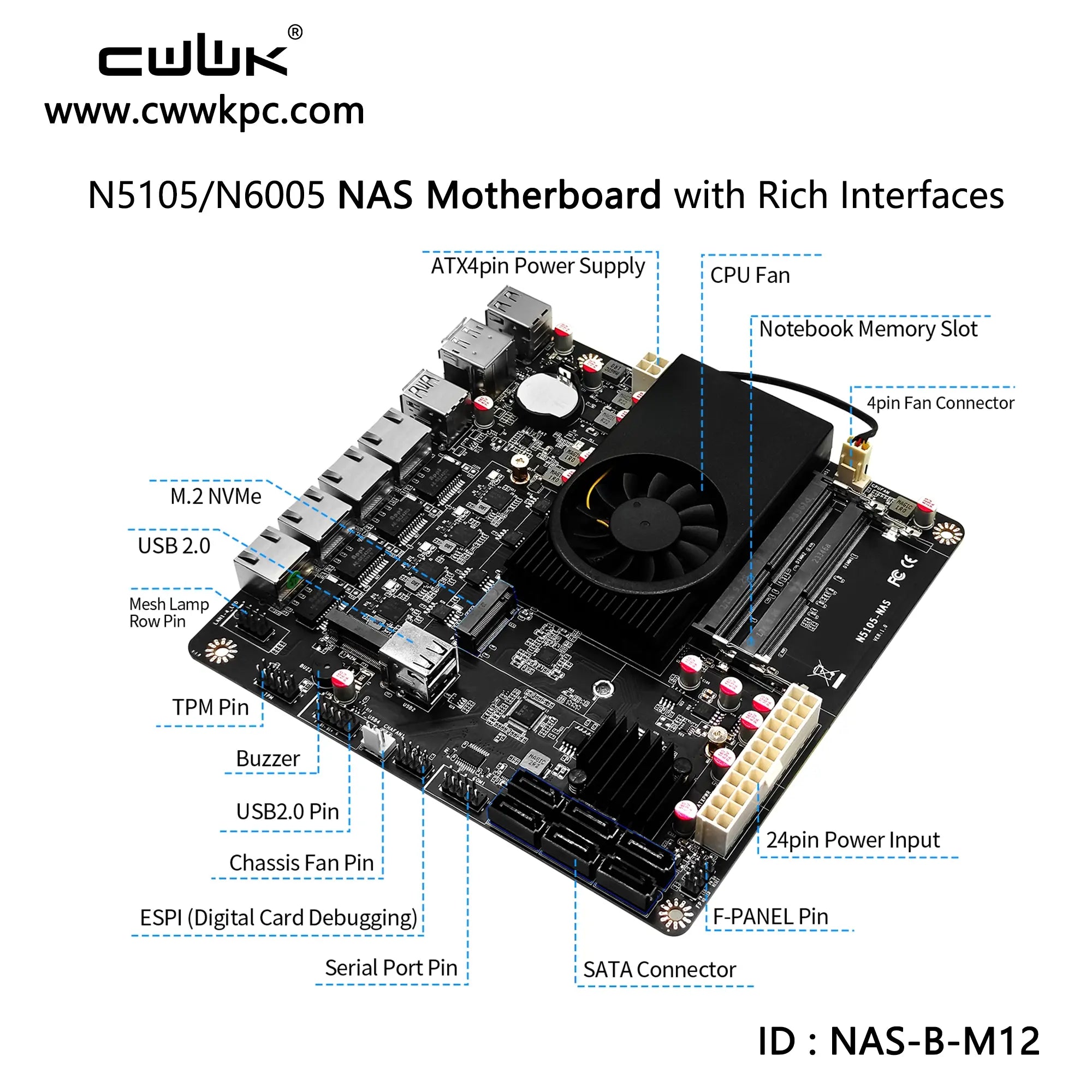 DIY NAS Motherboard M12 | 6 SATA, Dual M.2, 4x 2.5GbE