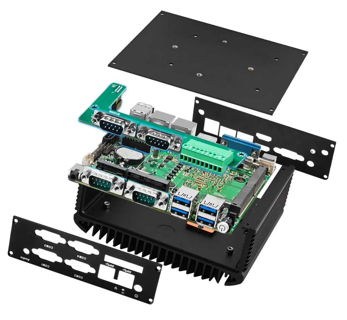 Electronic circuit board with connectors and mounting brackets on a white background