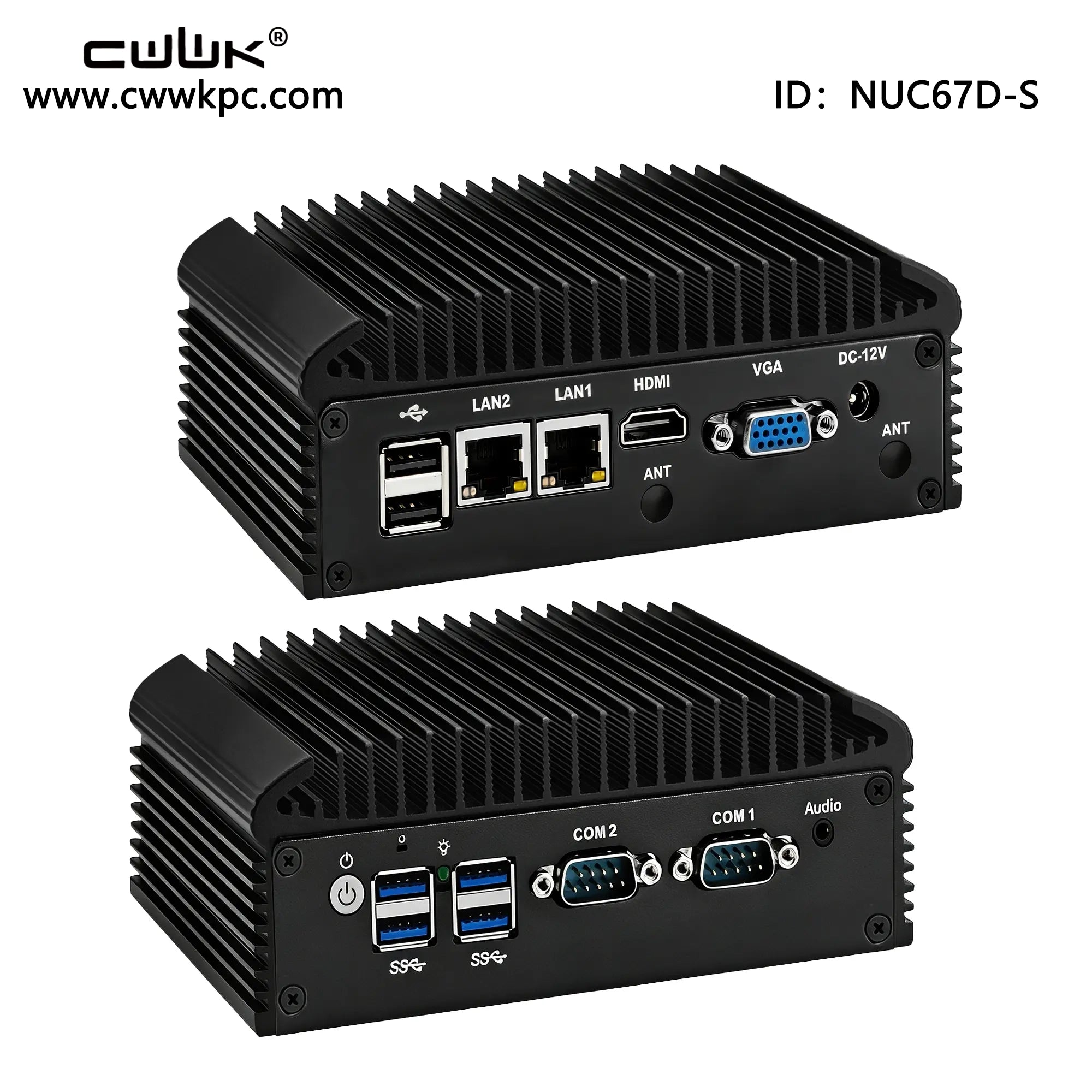 Two black computer cases with various ports on a white background, featuring the CWWKPC brand.