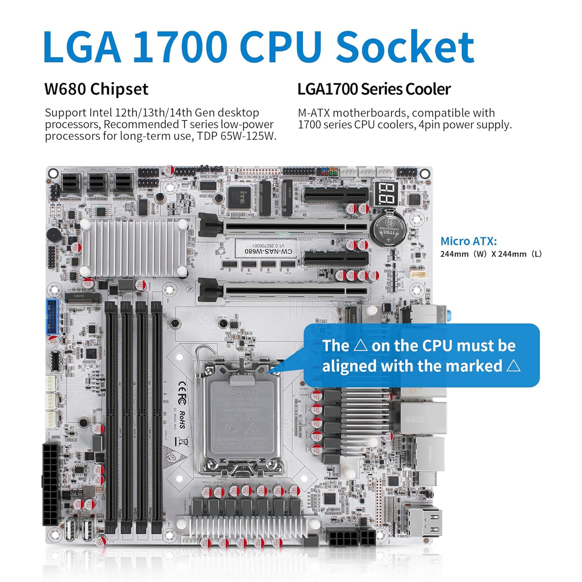 CWWK W680 NAS Motherboard Micro ATX 12 Bay, LGA 1700 mATX White PC Mainboard with 10GbE&2 * 2.5GbE RJ45 LAN, 4 x DDR5 Desktop RAM (support ECC), 3 x NVMe, PCIe5.0 x16, vPro, USB-C