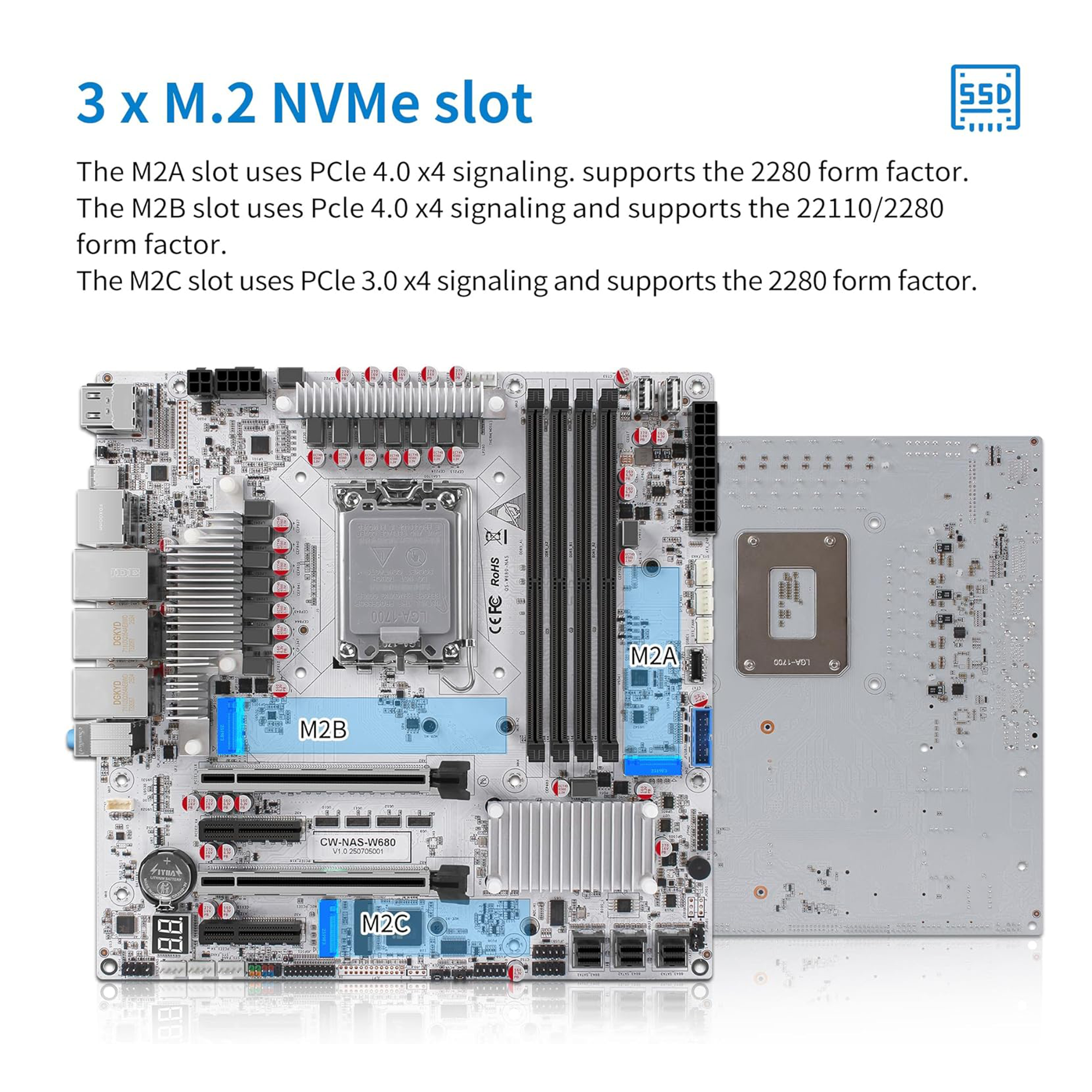 CWWK W680 NAS Motherboard Micro ATX 12 Bay, LGA 1700 mATX White PC Mainboard with 10GbE&2 * 2.5GbE RJ45 LAN, 4 x DDR5 Desktop RAM (support ECC), 3 x NVMe, PCIe5.0 x16, vPro, USB-C