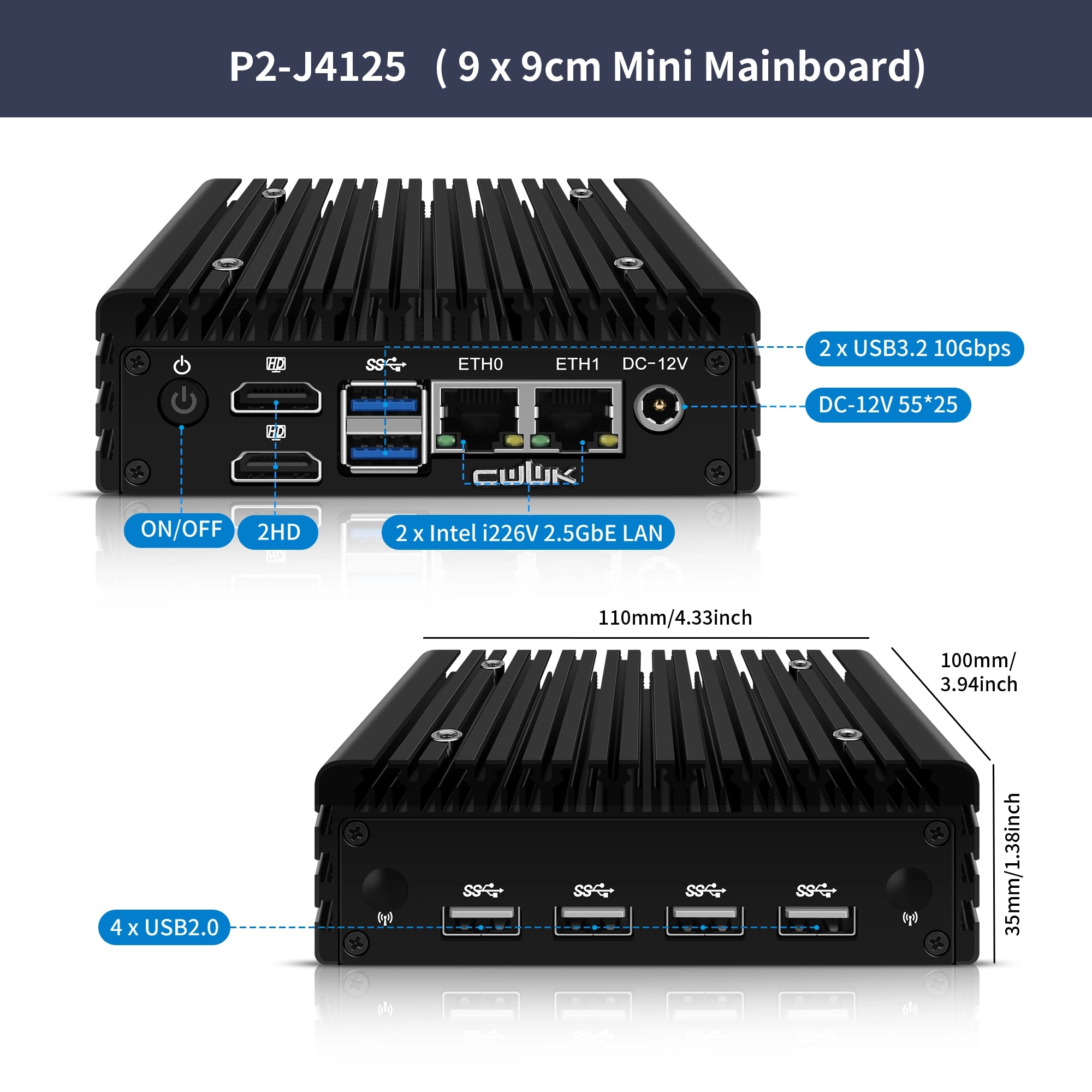 CWWK X86-P2 V2 Mini PC Motherboard Intel Gemini Lake Dual Intel LAN DDR4 HDMI M.2 for Router Firewall