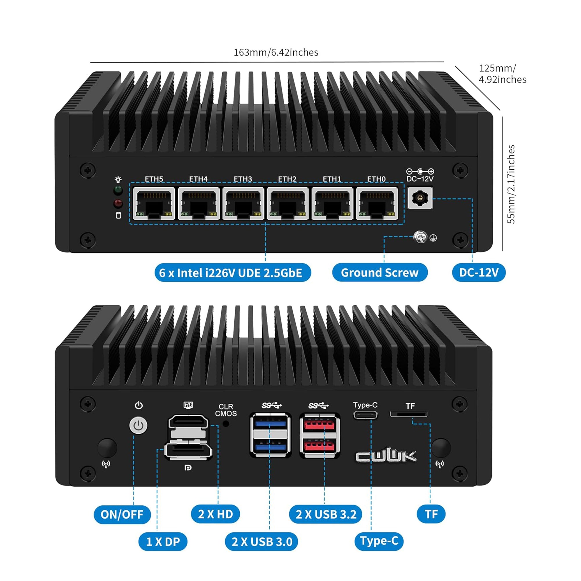 CWWK Mini PC Firewall Appliance Pentium 8505, 6 x i226-V 2.5GbE LAN OPNsense Mini Computer, F17 Fanless Micro PC DDR4 8GB RAM 256GB NVMe SSD, PCIe3.0 x4, USB-C, 3-Display, MicroSD