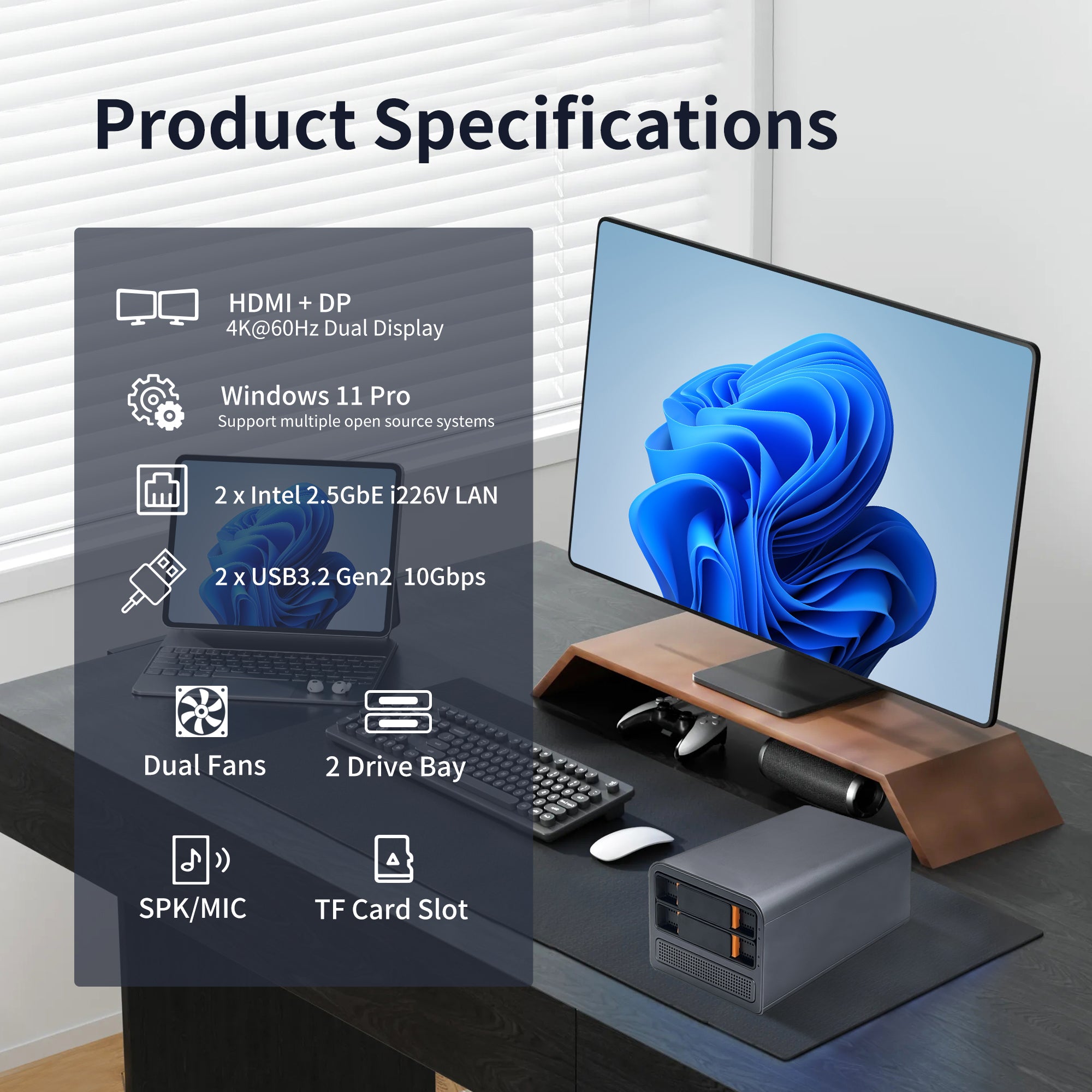 CWOS N01 2 Bay N100/N305 Mini PC, Computer Network-attached Storage (NAS) Hardware,Support Hot Swapping, Dual i226V 2.5GB LAN, Quad Core NAS Desktop Computer, 4K UHD,2USB3.2,SPK/MIC (Diskless)