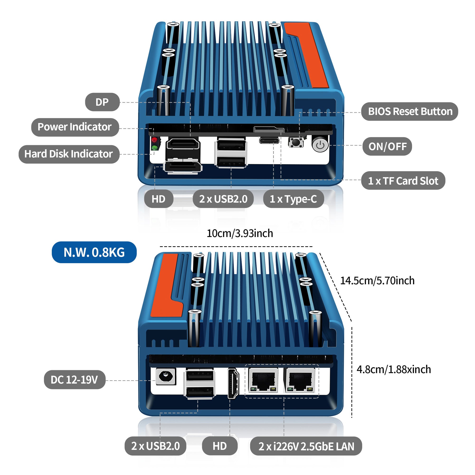 Technical diagram of a blue electronic device with labeled features and dimensions on a white background.