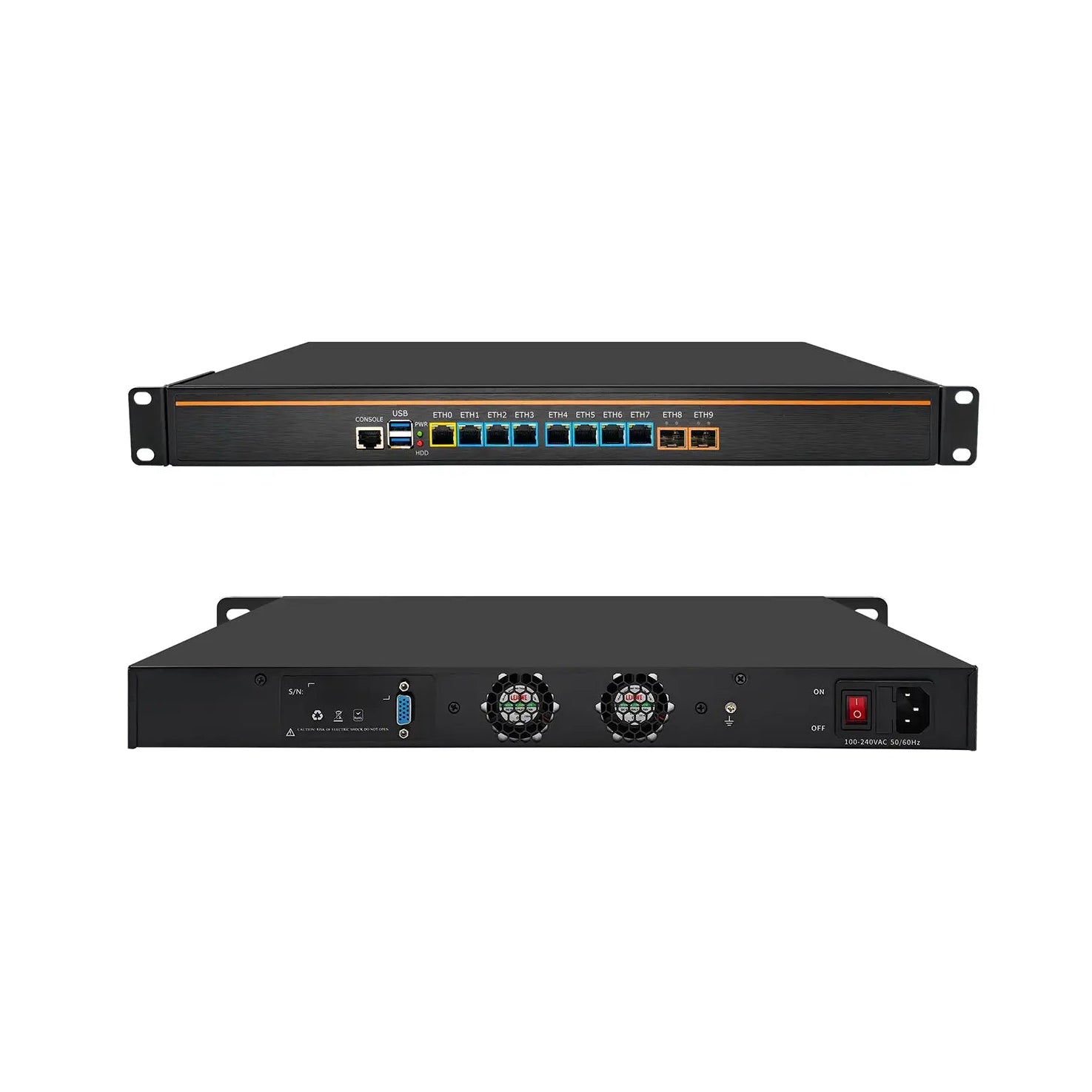 Network switch with multiple ports on a white background