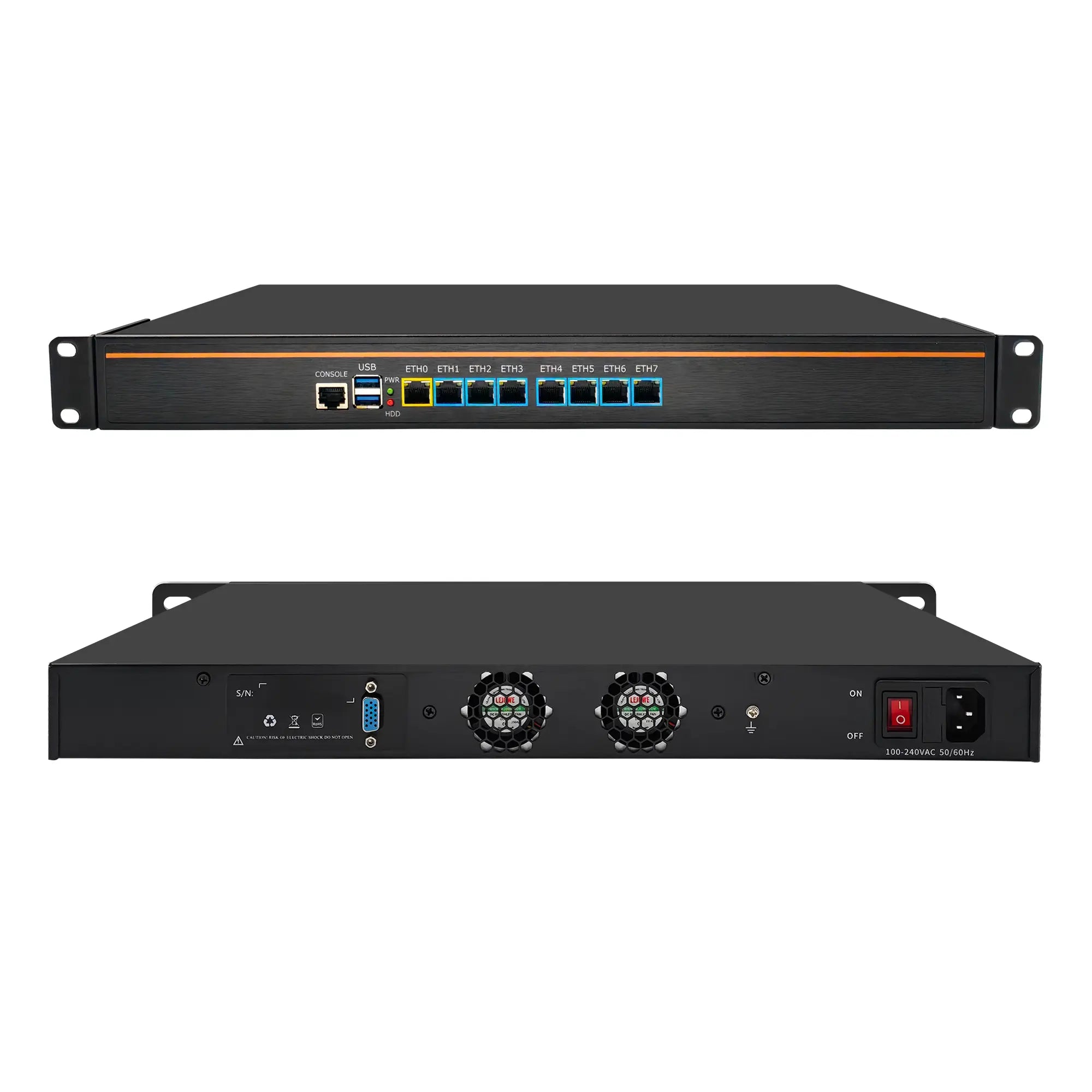 Two views of a network equipment device on a white background